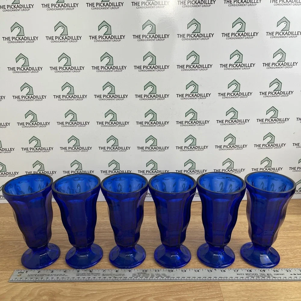 Set of 6 Cobalt Blue Glass Milkshake Sundae Glasses Paneled Pedestal 7 Inch